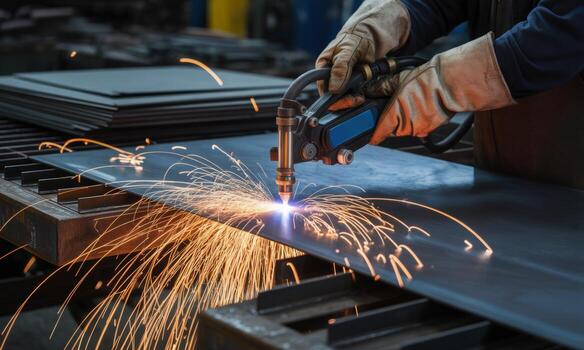Skilled worker operating plasma cutter on metal sheet with bright sparks in factory photo