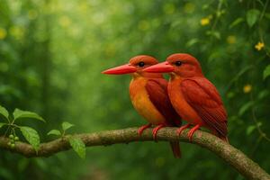 image of a male and female ruddy kingfisher perched on a branch in a vibrant green forest under daylight with calm natural atmosphere and tropical freshness photo