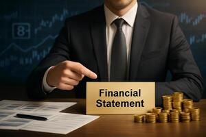businessman pointing at a financial statement on a desk surrounded by coins and documents. The background displays financial data and graphs. Ideal for business, finance photo