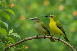 image of male and female sunbirds sitting on a branch in a vibrant forest setting with soft daylight rich greenery and clear background perfect for creative visual content photo