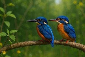 image of a male and female blueeared kingfisher perched closely on a branch in a lush green forest background with bright daylight and peaceful natural ambiance photo