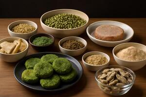 Various types of food including green beans, nuts and seeds photo