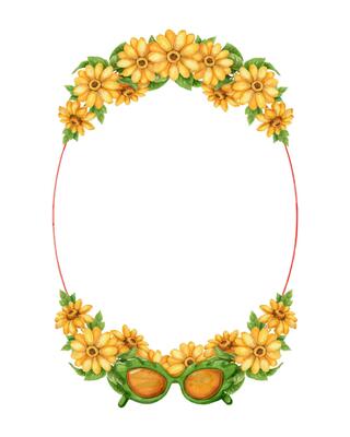 Oval watercolor wreath with sunflower and stylish sunglasses in summer vibe. Hand drawn green and yellow floral frame. Ideal for seasonal card template and trendy fashion holiday design.