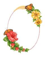 Oval watercolor wreath with hibiscus flower and monarch butterfly. Hand drawn summer design in bright green and yellow tones. Frame ideal for positive card template and seasonal floral artwork. vector