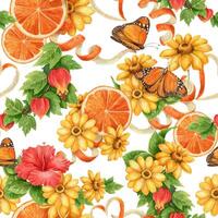 Floral pattern with oranges and butterflies vector