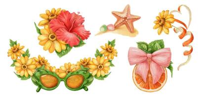 Colorful summer flowers, starfish, and decorations. vector