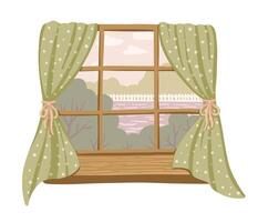 Window with summer countryside view and cozy home details. Hand drawn cute illustration with tree lake and village landscape. Ideal for book scene decoration and web design with rural concept. vector