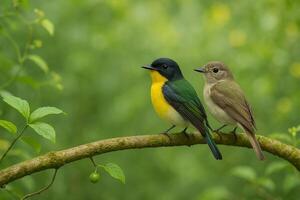 realistic image of Ficedula narcissina male and female perched together on a branch in bright forest scene with natural daylight clean soft background and clear space for text or design photo