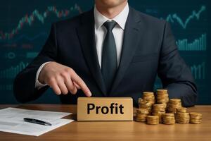 businessman in suit pointing to profit sign on desk with stacks of gold coins and financial charts background conveying success and focus. photo