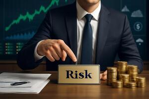 image of a businessman in a suit pointing at a Risk nameplate at his desk surrounded by gold coins and financial papers. The background shows market trends and financial data. photo