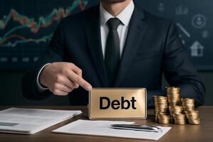 image of a businessman in a suit pointing at a golden debt plaque. The desk includes documents and coins, with financial graphs and stock data in the background. photo