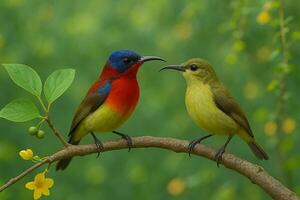 image of a male and female crimson sunbird perched side by side on a branch in a vibrant green forest with soft daylight and floral accents photo