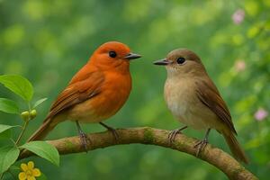 realistic image of male and female Ficedula dumetoria birds perched on a mossy branch in lush forest with bright daylight soft background and clear space for creative use photo