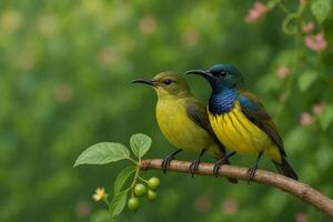 image of male and female olivebacked sunbirds perched together on a branch in a lush forest setting with soft light and natural background photo