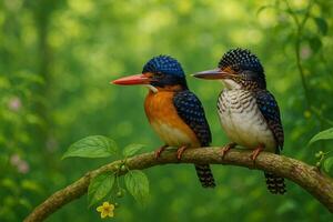 image of male and female banded kingfishers perched together on a branch in a vibrant green forest with sunlight and calm natural atmosphere photo