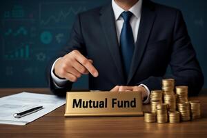 professional businessman in navy suit pointing to a Mutual Fund nameplate on a desk with stacked coins financial charts and data in the background ideal for finance investment photo