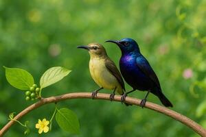 image of male and female purple sunbirds perched together on a branch with soft daylight in a fresh green forest background full of leaves and flowers photo