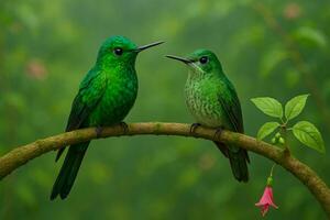 image of male and female greencrowned brilliant hummingbirds perched on a mossy branch in a lush forest with soft daylight and clean blurred background photo