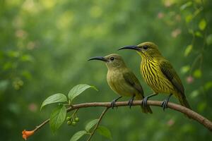 image of male and female streaked spiderhunters perched together on a curved branch in a lush forest with vibrant green tones and clean daylight background for design use photo