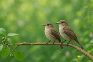 image of a male and female brown flycatcher perched together on a forest branch surrounded by leaves and soft daylight in a serene green background photo