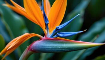 close up view of an exotic bird of paradise flower, its vibrant orange and electric blue petals creating a striking contrast that draws attention to every sharp edge and smooth curve. photo