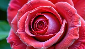 close up view of an open red rose revealing spiraled petals with soft edges and a velvety texture. photo