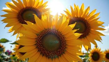 close up view of a cluster of golden sunflowers facing the sunlight, their textured centers filled with seeds and surrounded by radiant yellow petals dancing in the breeze. photo