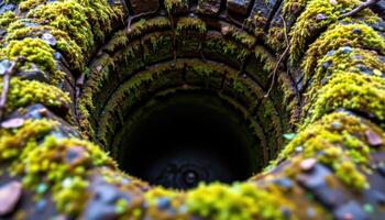 close up view of vibrant moss creeping around the edges of an abandoned well. photo