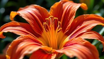 close up view of a bright orange tiger lily with curled spotted petals arranged dramatically, glowing richly under warm sunlight and revealing fine textural details. photo