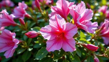 close up view of pink azalea flowers with ruffled petals showing intricate veins and subtle gradients, bathed in soft natural light in a shaded garden. photo