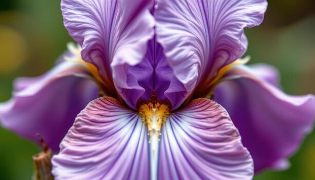 close up view of a single purple iris flower, revealing intricate veining on each petal and the subtle gradient from deep violet to pale lavender in perfect natural harmony. photo