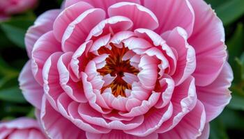 close up view of bright pink peonies bursting open with layers upon layers of soft, silky petals, each one unfolding delicately to reveal the flower's lush core. photo