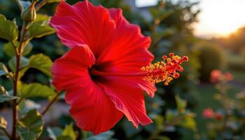 close up view of a bright red hibiscus flower with a prominent central stamen extending gracefully outwards, its smooth, glossy petals capturing the golden hour's warm light. photo