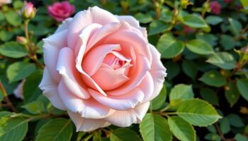 close up view of a soft pastel pink rose surrounded by lush green leaves, its petals layered thickly and catching the early morning light with gentle shadows. photo