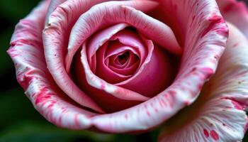 close up view of the velvety petals of a fully open rosebud, revealing the intricate folds and subtle color gradients from crimson to soft blush at the edges. photo