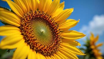 close up view of a blooming yellow sunflower's central disk, filled with tight spirals of seeds and surrounded by radiant petals that reach toward the sky. photo