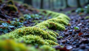 close up view of moss arranged in organic waves along a misty trail. photo