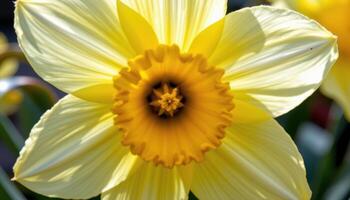 close up view of a bright yellow daffodil with a trumpet shaped corona surrounded by smooth, radiant petals that shimmer under early morning sunlight. photo