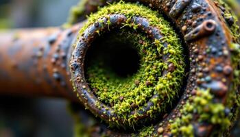 close up view of rich green moss spiraling around an old rusted metal pipe. photo