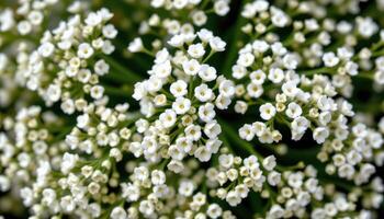 close up view of white baby's breath flowers clustered in airy bunches, their tiny blossoms creating a soft, cloud like effect amid dark green stems. photo