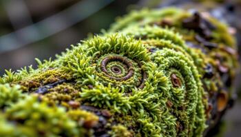 close up view of thick moss growing in spirals around a gnarled tree branch. photo