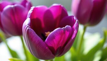 close up view of a fresh tulip's silky petals in vibrant shades of purple and magenta, each petal catching light and showing fine natural textures. photo