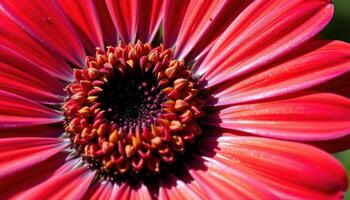 close up view of a red zinnia flower with narrow petals radiating symmetrically from its dark central disk, catching every ray of natural sunlight with glossy texture. photo