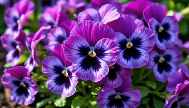 close up view of a cluster of violet pansies with velvety petals patterned with dark veins, arranged naturally in a well tended garden bed under soft light. photo