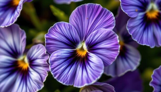 close up view of violet pansy petals with velvety texture and dark veining creating intricate, painterly patterns, each petal glowing softly in natural light. photo
