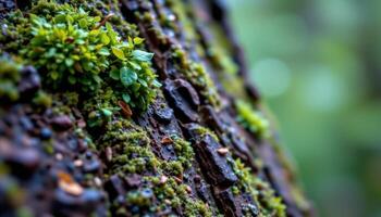 close up view of rain soaked moss growing upward along the grooves of bark. photo