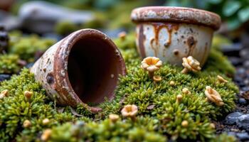 close up view of moss blooming around the remains of cracked ceramic pots. photo