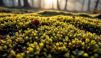 close up view of fine textured moss reflecting morning sunlight through fog. photo