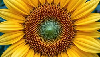 close up view of a bright yellow sunflower head filled with tightly packed seeds surrounded by large golden petals reaching outward. photo