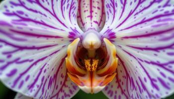 close up view of a blooming orchid showing its complex pattern of purples and whites with delicate veins running through each petal. photo